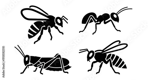 Insect Silhouettes Set: Bee, Ant, Wasp, and Grasshopper Icons