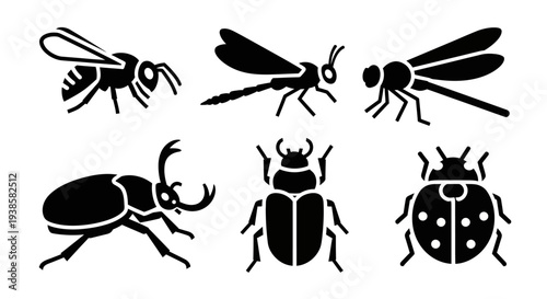 Insect Silhouettes Set: Bee, Dragonfly, Beetles, and Ladybug Icons
