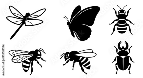 Insect silhouettes set: dragonfly, butterfly, bees, and beetles icons collection
