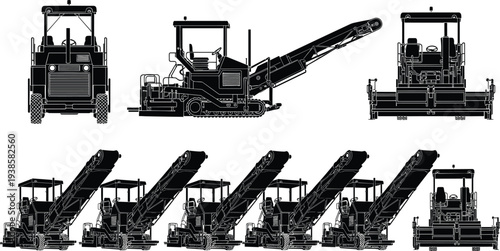 Asphalt milling machine and road construction equipment silhouette set with cold planer vehicles for highway maintenance and pavement repair illustration