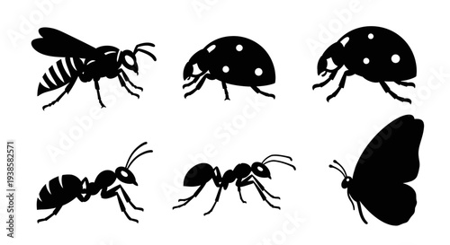 Insect Silhouettes Vector Set: Wasp, Ladybug, Ant, and Butterfly Collection