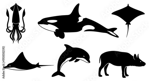Marine and Wild Animal Silhouettes Set, Diverse Wildlife Collection