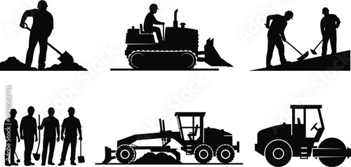 Road construction workers and heavy machinery silhouettes with bulldozer grader and road roller for highway maintenance industry illustration set