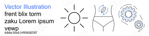 Renewable energy, fitness, health care, anatomy, technological progress, functionality. Sun symbol, human torso with arrow interlocking gears. Renewable energy and fitness concepts