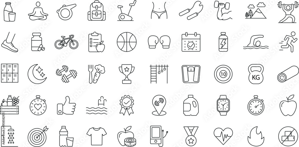 Fitness editable stroke outline icons set. exercise, workout icon set ...