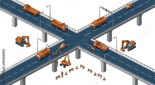 Highway overpass construction intersection with trucks excavators and roadwork barriers infrastructure development transportation engineering isometric illustration