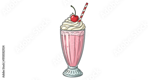 A Delicious strawberry milkshake with whipped cream and a cherry on top. A refreshing and sweet beverage to enjoy.