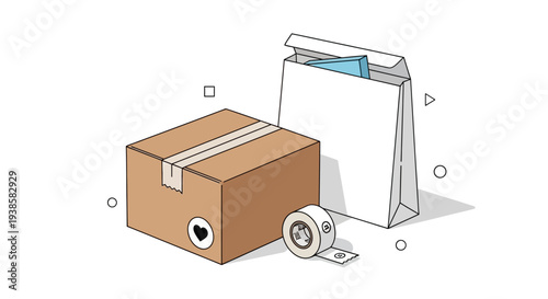 A cardboard box, paper bag, and tape are arranged, highlighting delivery and shipment