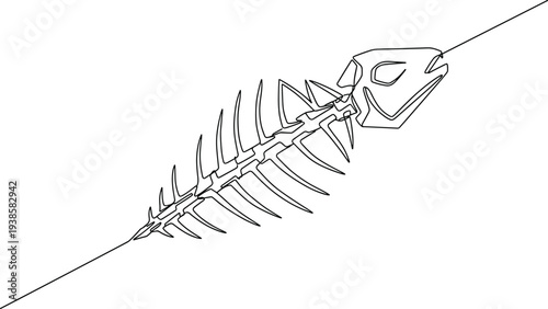 Stylized fish skeleton illustration with angular head, rib-like bones, central spine, and skewer line, minimalistic design for creative artwork, symbolic concept, and digital art projects