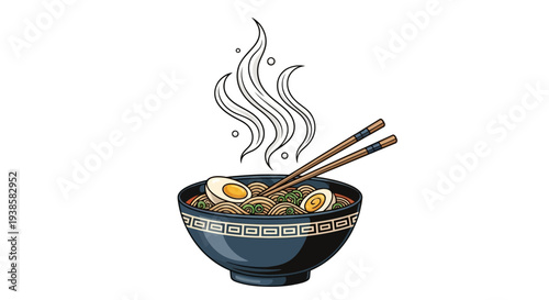 A bowl of ramen with chopsticks on top and steam rising