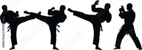 Karate martial arts fighters performing high kick combat poses silhouette set isolated for self defense sport training illustration