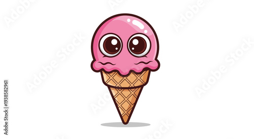 A cute ice cream cone character with big eyes, radiating joy and sweetness