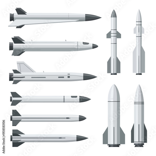 Ballistic Missiles and Rockets Illustration Set Featuring Various Defense Systems and Launchers