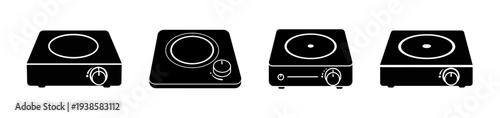 Various models of modern electric induction cooktops with circular heating elements and control knobs, presented in a row for comparison