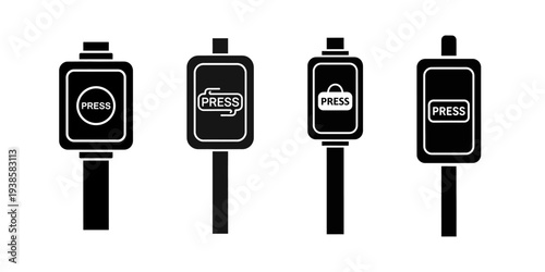 Set of four black and white pedestrian crossing signal push buttons with different symbols and text indicating activation