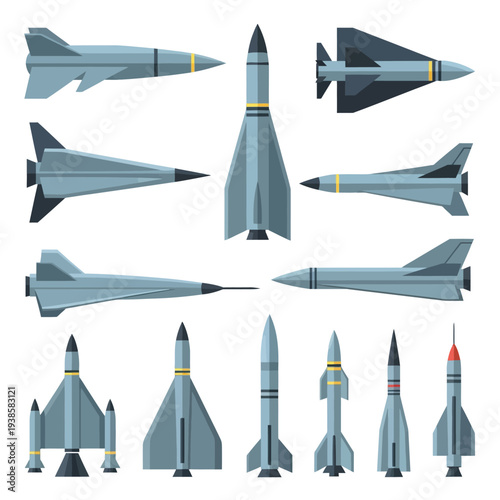 Various Views and Configurations of Futuristic Aircraft and Rockets in Vector Illustration