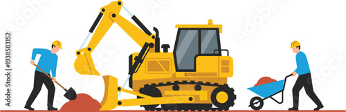 Construction workers with excavator machine digging soil and transporting dirt with wheelbarrow vector illustration of roadwork and heavy equipment operation