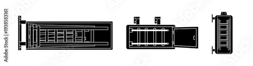 Series of stylized line art illustrations depicting various views of an industrial water heater or boiler