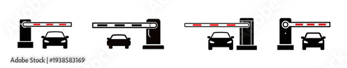 Vector Icons Depicting Automated Barrier Gates with Cars, Illustrating Access Control for Parking Facilities and Restricted Entry Points