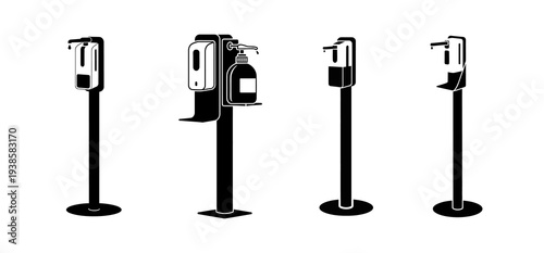 Diverse vector illustrations of modern hand sanitizer dispenser stands, designed for public and private spaces to promote hygiene, health, and safety protocols in a clean, graphic style