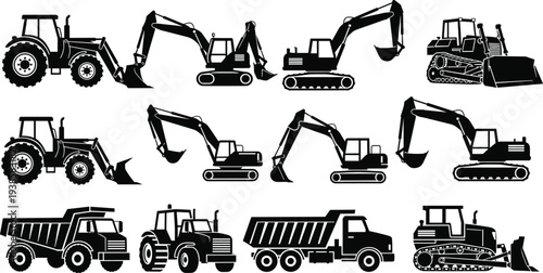 Construction heavy equipment silhouette collection including excavator tractor bulldozer and dump truck isolated vector set for industrial building and earthmoving work