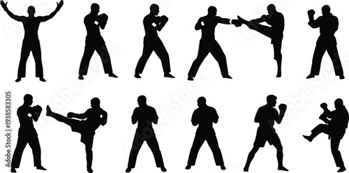 Martial arts fighter silhouette set showing boxing punches and kicking poses isolated collection for combat sport training fitness self defense concept