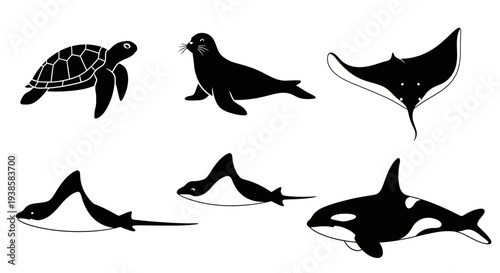 Marine Animals Silhouettes Collection: Sea Turtle, Seal, Rays, and Orca Icons