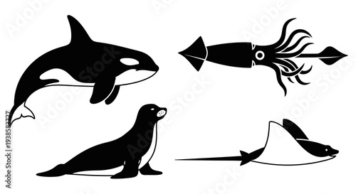 Marine Animals Silhouettes: Orca, Squid, Seal, and Stingray Vector Collection