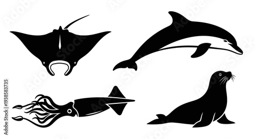 Marine Animals Silhouettes Set: Dolphin, Manta Ray, Squid, and Seal Icons