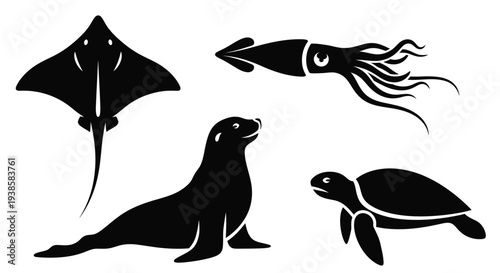 Marine Animals Silhouettes Set: Manta Ray, Squid, Sea Lion, and Sea Turtle Icons