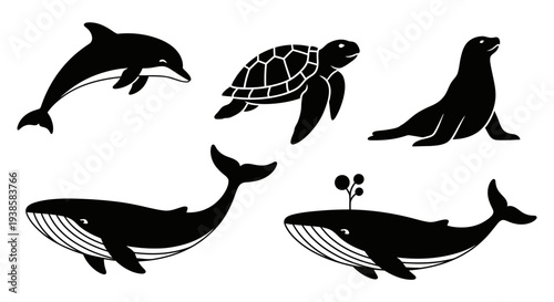 Marine Animals Silhouettes Set: Dolphin, Whale, Sea Turtle, and Seal Ocean Creatures Collection