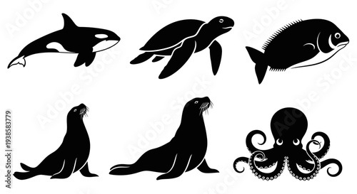 Marine Animals Silhouettes Set: Orca, Sea Turtle, Fish, Sea Lion, Octopus Icons