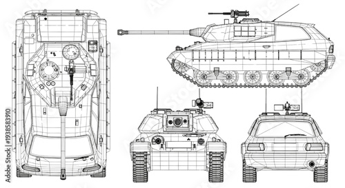 Tank, Military, War, Wireframe, Vector – Armored Vehicle Technical Drawing Top Side Rear Views