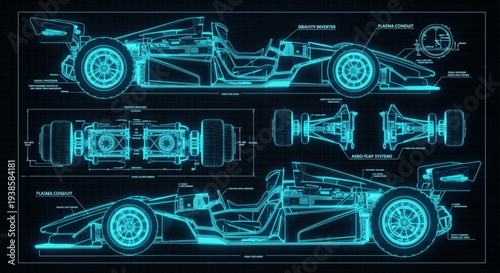 Blueprint of a Futuristic Racing Car with Neon Blue Accents.