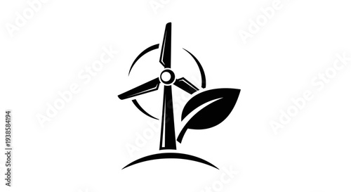 Wind Turbine Icon with Green Leaf Symbol.