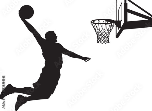 Silhouette man dunking basketball over hoop dynamic sports action illustration isolated on checkered background