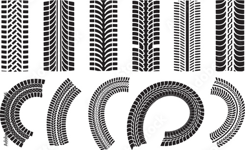 Set of detailed tire tracks, various car and vehicle prints isolated on transparent background