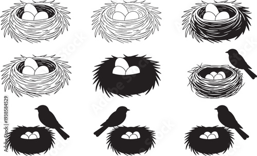 Bird nest with eggs icons set in various styles including silhouette and line art on grid backdrop