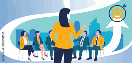 Goal Leadership And Teamwork Concept, Business Meeting Illustration With Executives Collaborating, Strategic Planning And Team Alignment, Modern Vector Design For Corporate, Management, And Business.