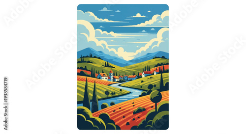 Scenic landscape illustration green rolling hills river daytime