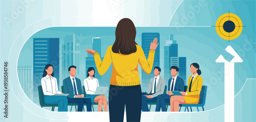 Business Goal And Leadership Vector Illustration, Teamwork And Collaboration Concept In Office Meeting, Strategy Planning And Project Coordination Graphic, Professional Flat Design For Business .