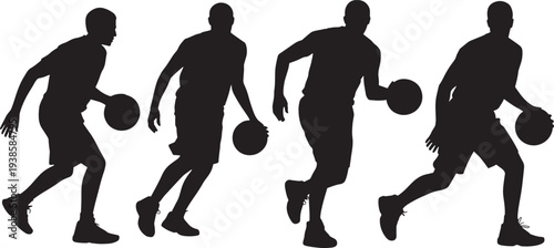 Professional basketball athlete silhouettes dribbling and running in sequential action sport motion