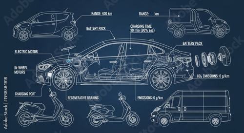 Blueprint schematic of electric vehicles and scooters.