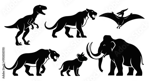 Prehistoric Animals Silhouettes: Dinosaur, Mammoth, Saber-toothed Tiger Icons Set