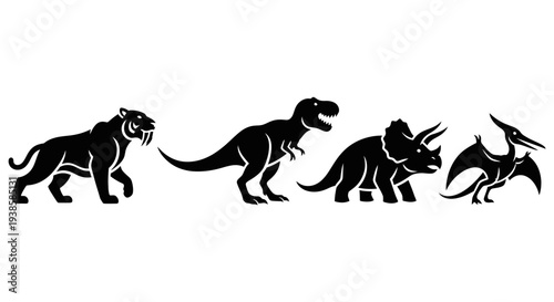 Prehistoric Animals Silhouettes: Saber-toothed Tiger, T-Rex, Triceratops, Pterodactyl Icons