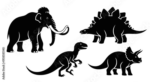 Prehistoric Animals Silhouettes Set - Mammoth, Dinosaurs Vector Icons