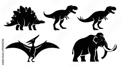 Prehistoric Animals Silhouettes Set - Dinosaurs, Pterodactyl, and Mammoth Vector Collection
