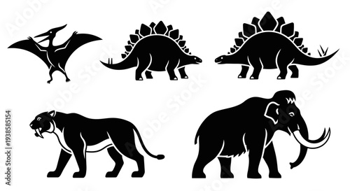 Prehistoric Animals Silhouettes Set: Dinosaur, Mammoth, Saber-toothed Tiger, Pterodactyl Icons