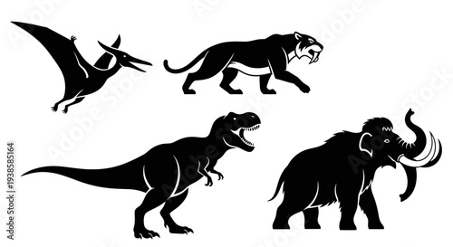 Prehistoric Animals Silhouettes Set - Dinosaur, Mammoth, Saber-tooth, Pterodactyl Icons