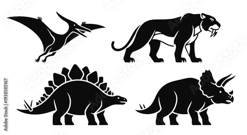Prehistoric Animals Silhouettes Set: Dinosaur and Ice Age Creatures Icons